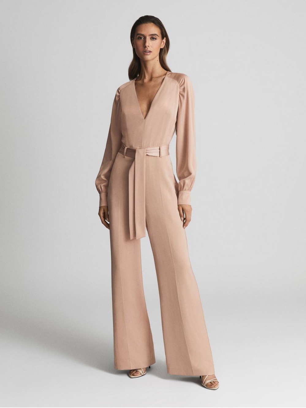 NWT! REISS Elsa Sleeved Bridal Wide Leg Jumpsuit Pink 2 57432
